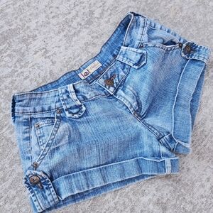 Y2K Lei Chelsea Low Rise Flap Back Pocket Micro Women's Blue Denim Shorts, Sz 3